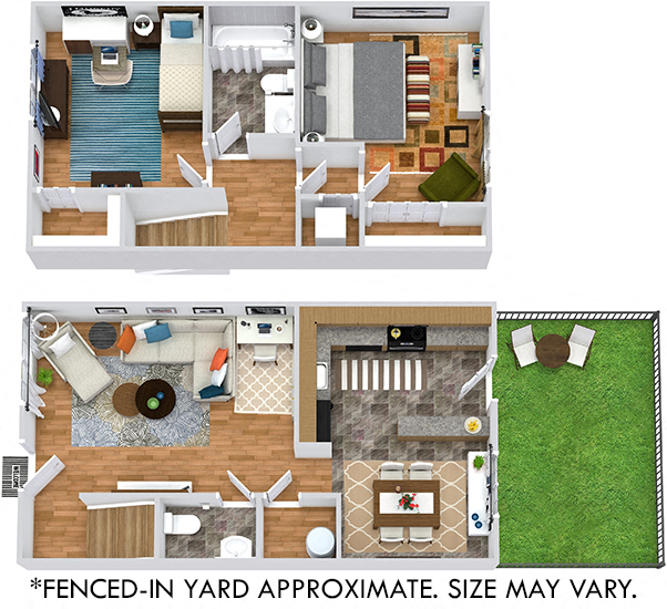 Floor plan for 2 beds, 1.5 baths, 797 sqft
